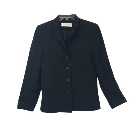 Valerie Stevens Blazer Sz Petite 8 Black 4 button up Lined Stretch EUC Career - Picture 1 of 8